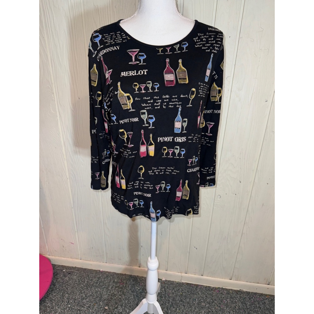 Jess & Jane Black Wine Print Long Sleeve Shirt Large